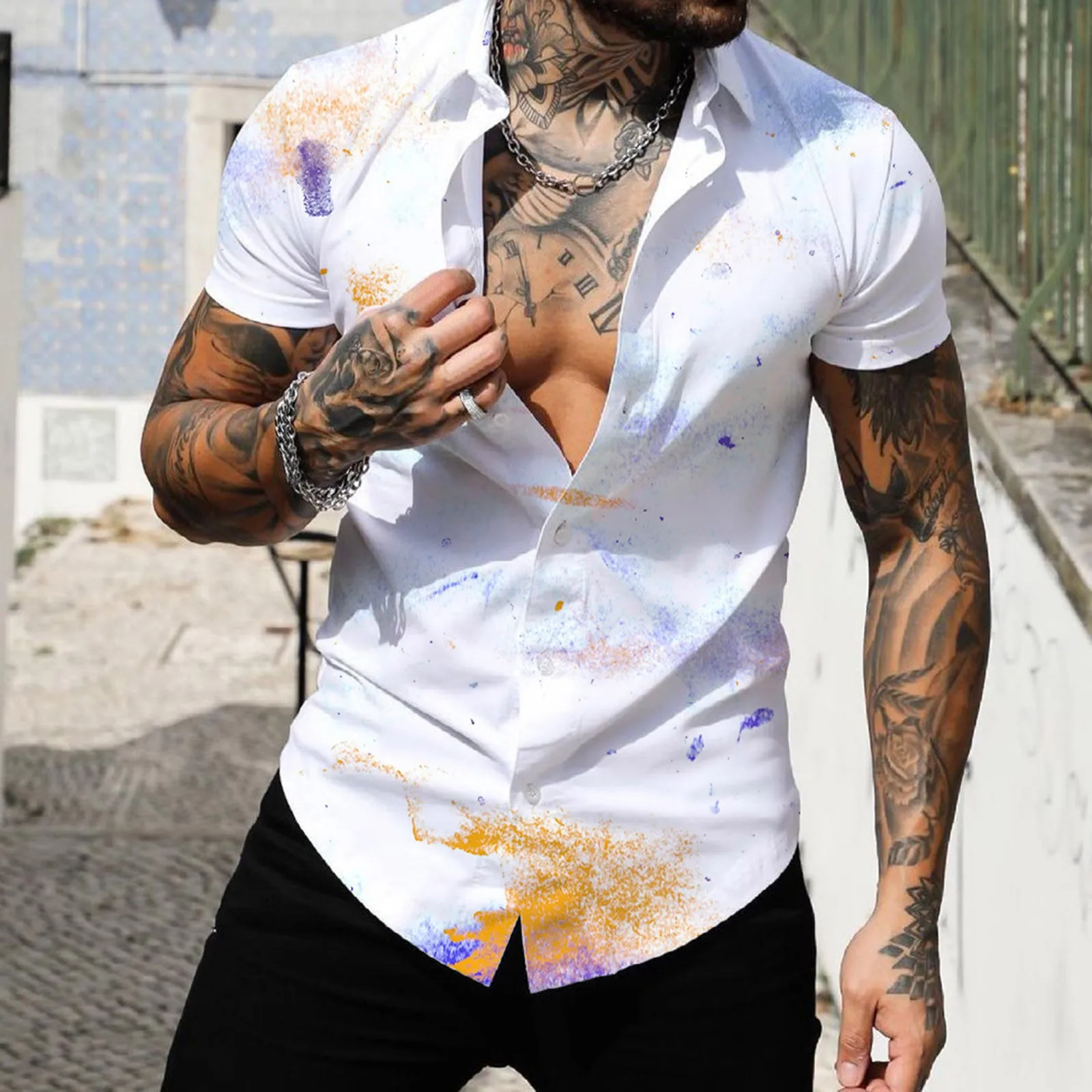 

Loose Tee Men Spring Summer Single Breasted Casual Lapel Full Print Beach Short Sleeve Vacation Outdoor Mens Fitted Basics