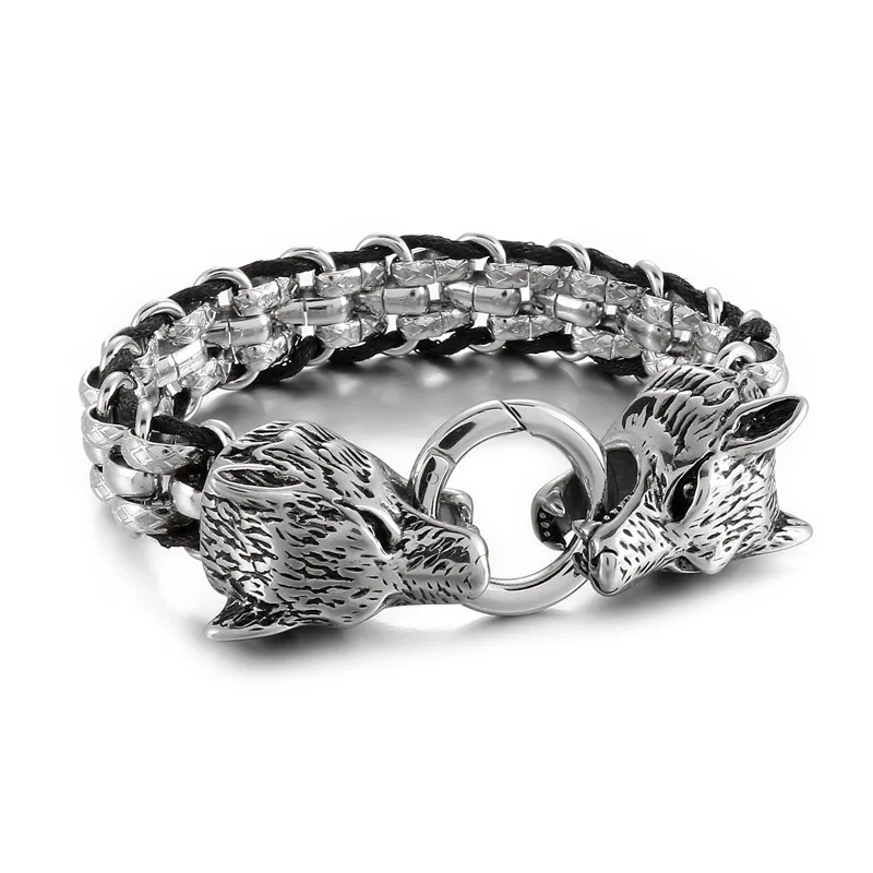 

Punk Men Wolf Head Bracelets Vintage Stainless Steel Charm Leather Biker Chain Jewelry Rock Viking Wristband Fashion Accessories
