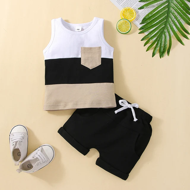 Infant Baby Boys Short Sets Patchwork Sleeveless Vest Tops with Pocket + Shorts 2pcs Summer Outfits for Toddler 6-36M 1