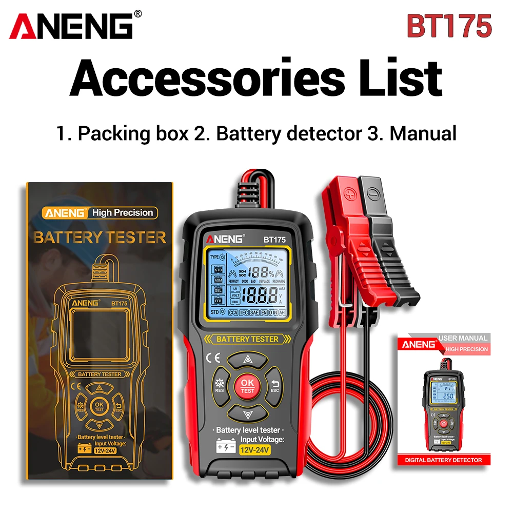 

Тестер Автомобильных Аккумуляторов ANENG BT175 С Изолированными Зажимами Типа «крокодил», Не Требующий Подключения К Электросети