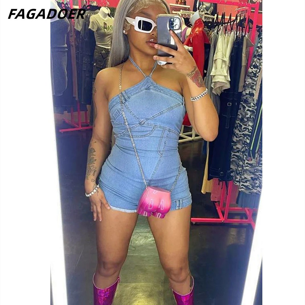 Женский джинсовый комбинезон без рукавов с лямкой на шее