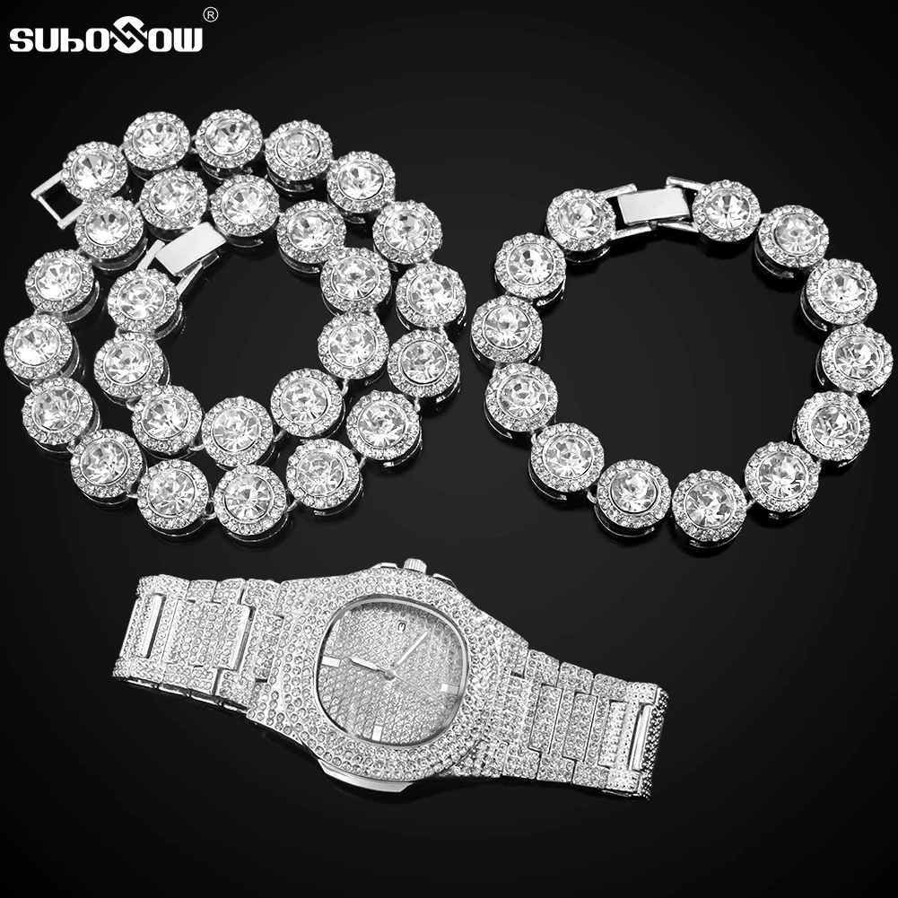 

Мужская цепь в стиле хип-хоп 13 мм, выразительное ожерелье из кубинской цепи с круглыми кристаллами, ювелирные украшения в стиле хип-хоп