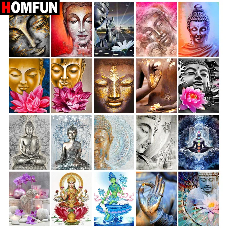 

Алмазная живопись HOMFUN, картина «сделай сам» из квадратных/круглых страз, с рисунком Будды и лотоса, украшение для вышивки крестиком
