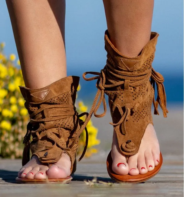 

Women's Sandals Shoes Retro Tassel Sandals for Woman Summer Boho Flat Shoes Ladies Lace Up Beach Shoes Sandalias Mujer