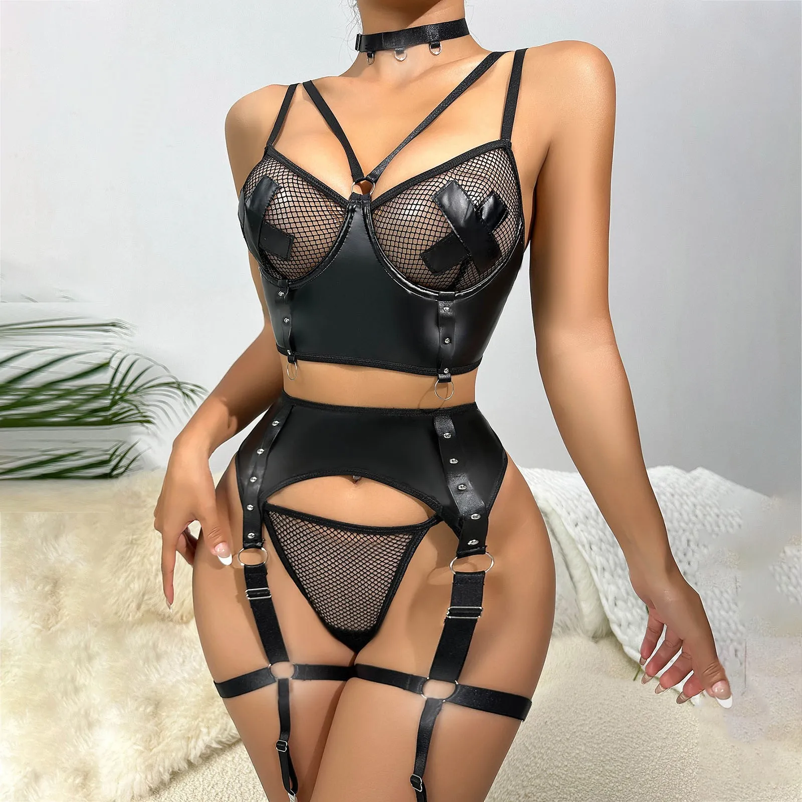 

Sensual Bondage Underwear For Ladies Perspective Mesh Bra And Panty Set For Women Sexy Garter Bell Chocker Sex Sexy Lingerie Set