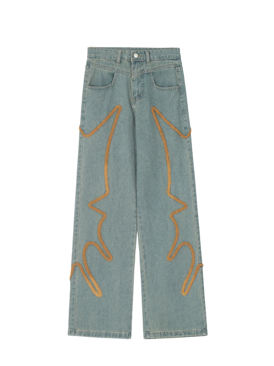 Four Seasons Men's Jeans Flocking Embroidery Design Straight High Street Loose Casual Wide Leg Pants Streetwear Men Ins Hot Sale