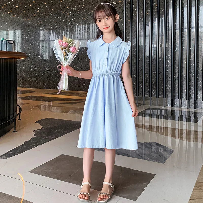 

Children Clothing Summer New Pure Dress Wood Ear Edge Flying Sleeves Waist Wrapped Girls Princess Dress Cotton