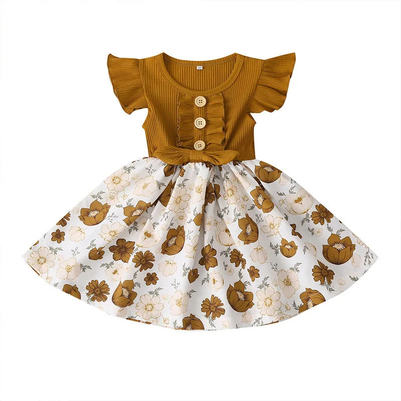 

Summer pit strips floral stitching little flying sleeve princess dress girls dress