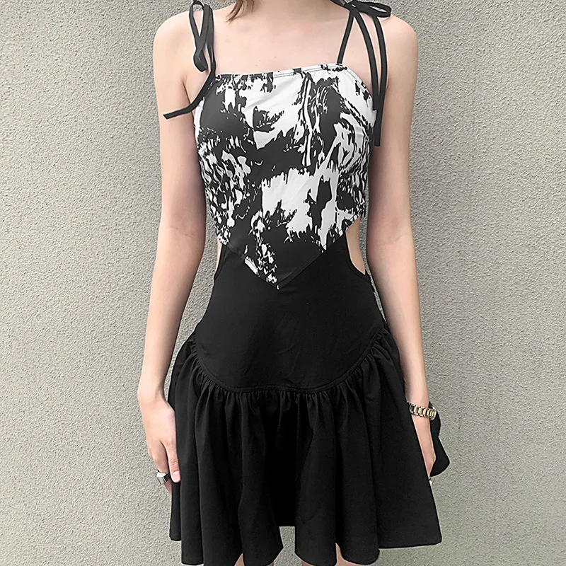 

Women Strap Lace Up Dress Y2K Dark Tie Dyed Printed Mini Dress Sexy Backless Sundress Party Club Fairy Clothes 2022 New Fashion
