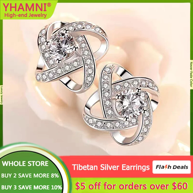 

YHAMNI Real 925 Silver Needle Earrings Natural Round Cubic Zircon Flower Stud Earrings For Women Prevent Allergy Wedding Jewelry