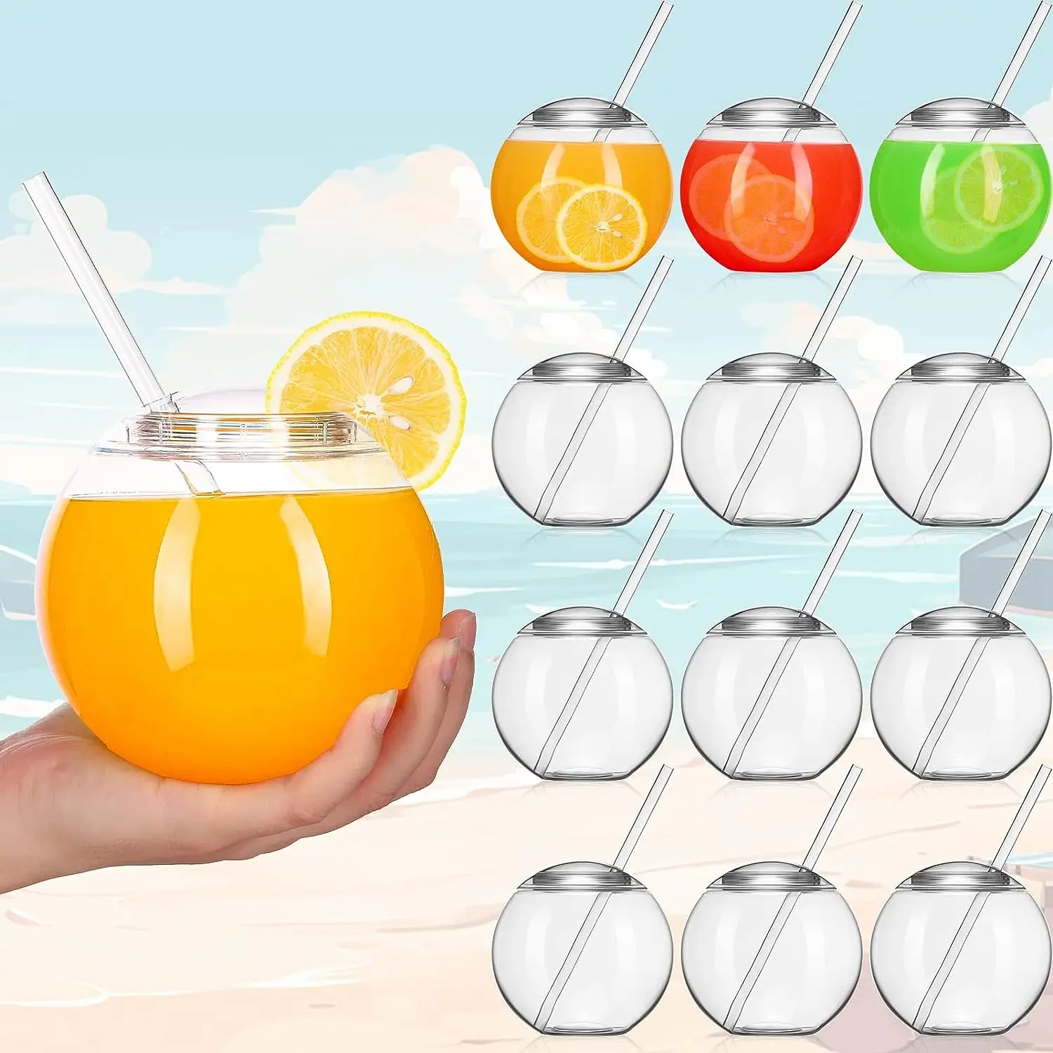 

Fish Bowls for Drinks with Lids and Straws 20 oz Fishbowl Cups with Lids and Straw Plastic Spherical Clear Reusable Drinking