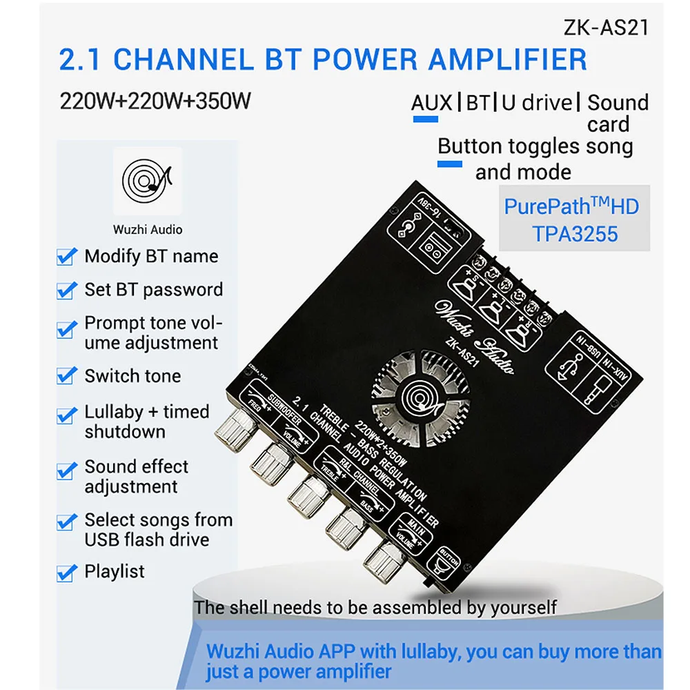 

ZK-AS21 2,1 Channel TPA3255 Bluetooth-совместимый модуль платы усилителя мощности аудио высокий и Низкий Бас 350 Вт x2 + Вт