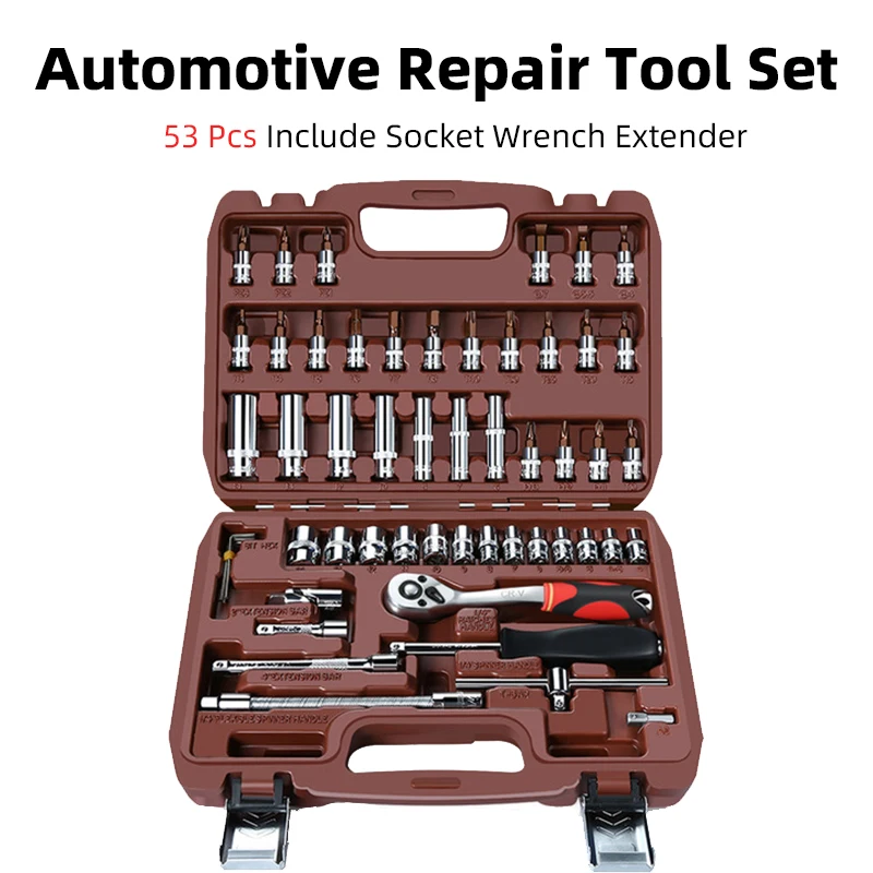 

53pcs Mechanical Workshop Tool Professional Car Automotive Tools Hand Tool Set 1/4 Ratchet Wrench Key Kit Socket Spanner