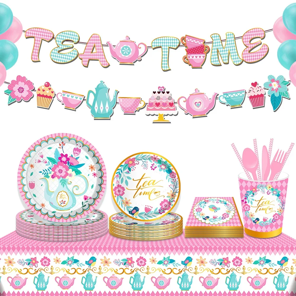 

Sweet Girl Cartoon Tea Teapot Flower Birthday Party Disposable Tableware Sets Dinner Plate Napkins Tablecloths Baby Shower Party