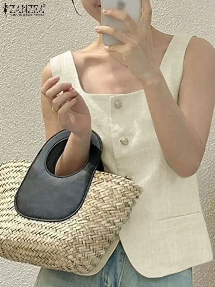 Элегантные летние рубашки ZANZEA 2024 корейские модные женские жилеты без рукавов с