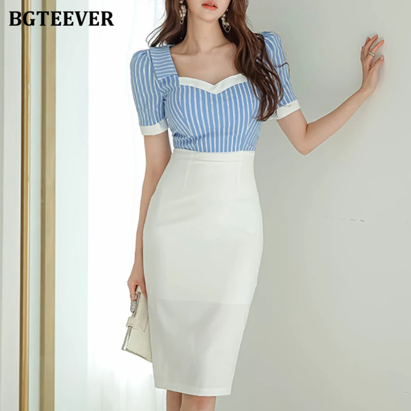 

BGTEEVER Summer Fashion Square Collar Ladies Patchwork Striped Pencil Dress Elegant Slim Puff Sleeve Female Package Hip Dress