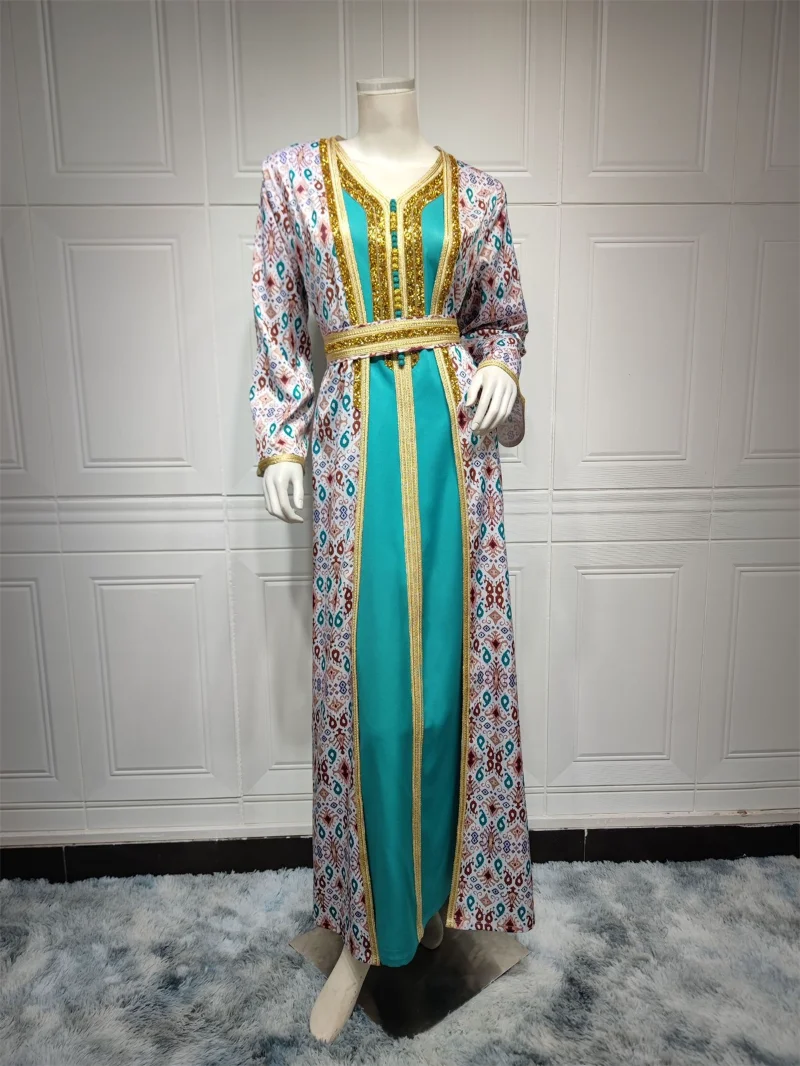 Dubai Abaya Luxury For Muslim Women Fashion Graphic Print 2 Pieces Set Elegant Casual V-Neck Lace Tape Belted Dress Abayas Coat