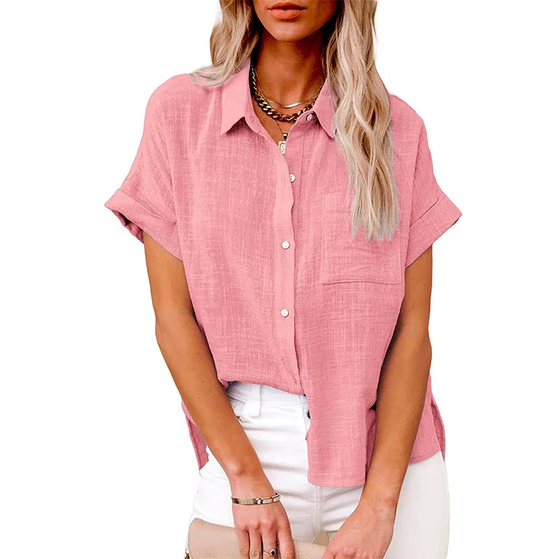 

Blouse Ladies Casual Loose White Shirt Women 2022 Summer Solid Color Linen Shirt Short Sleeve Top S-5XL