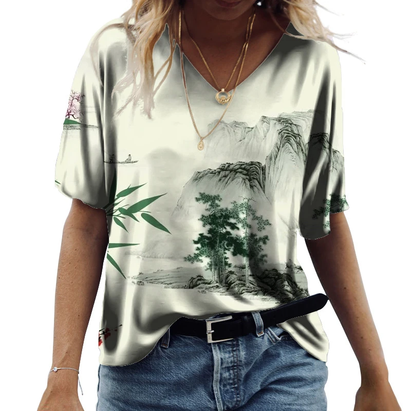 

Fashion Short Sleeve T-Shirt For Girls New Summer Women Oil Painting Landscape Print Tee Tops Ladies Casual V-Neck Loose Clothes