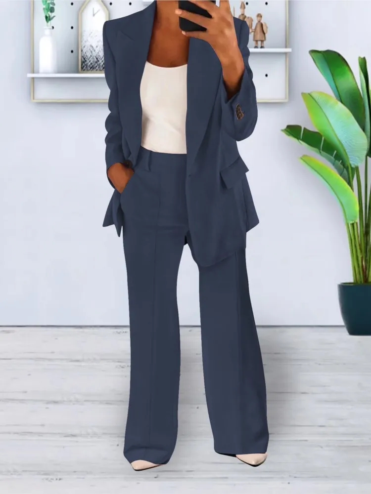 Autumn Winter Fashion Lapel Suit Coat 2pc Sets 2025 Office Lady Elegant V-Neck Jacket Full Sleeve Pocket Streetwear Jackets