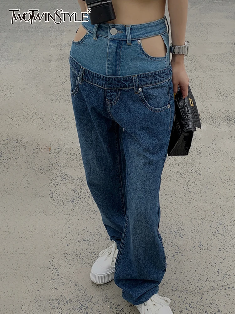

Женские джинсы с вырезами TWOTWINSTYLE, прямые широкие брюки с высокой талией, 2022