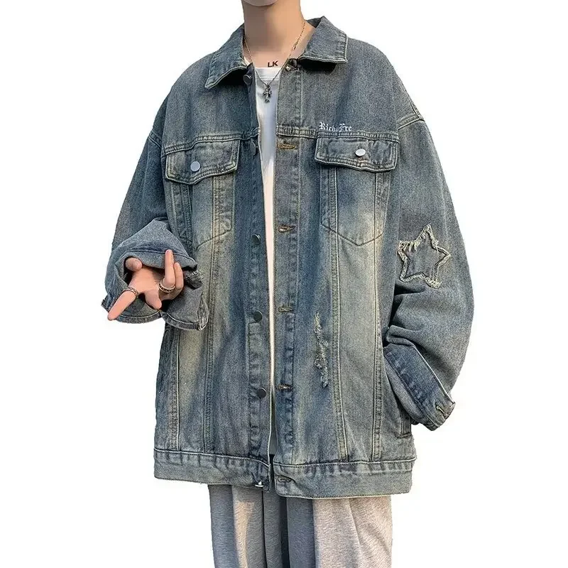 2023 American Style Vintage Denim Jacket For Men Spring Autumn Trendy Brand Washing Gradient Street Clerks Versatile |
