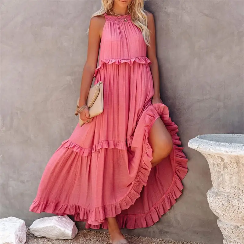 

Summer Elegant Casual Beach Sleeveless Strap Sundress Women's New Baggy Tie-Up Fashion Pure Color Party Holiday Sexy Long Dress