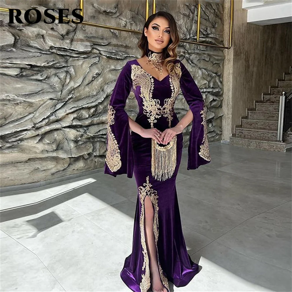 

Purple Evening Dress Gold Appliques Lace Caftan Marocain Robe De Reveillon Velvet Mermaid Side Slit Women Prom Party Gown