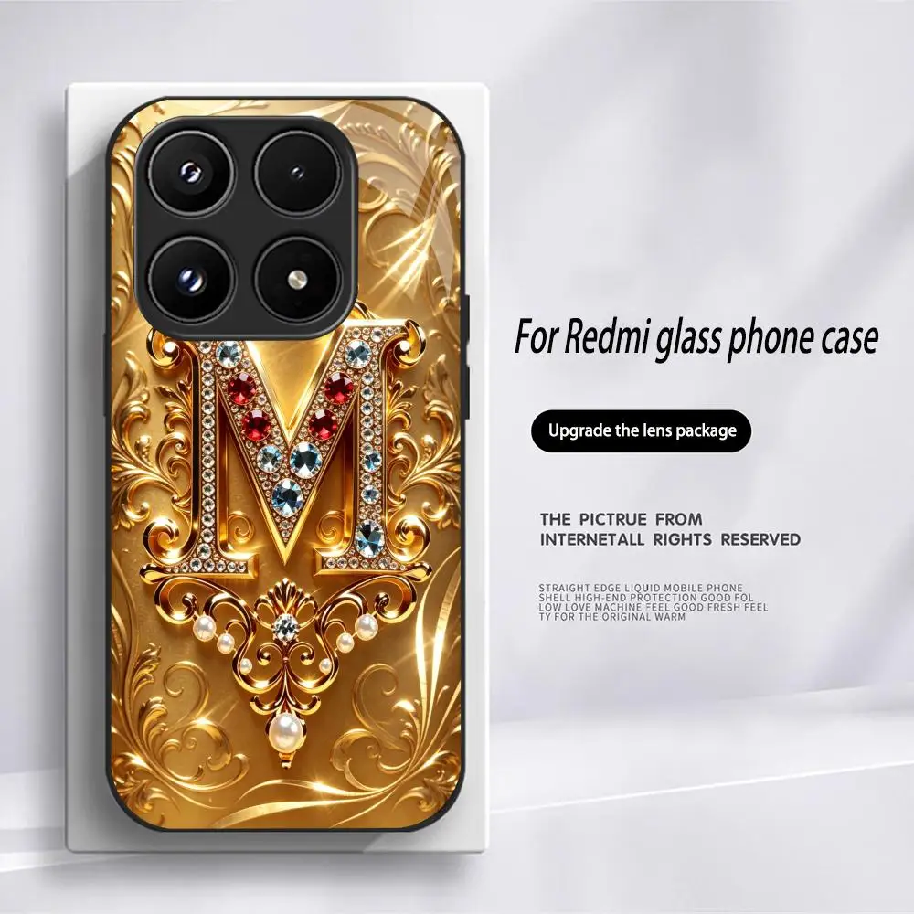 Фото Роскошный золотой чехол с буквой M и стразами, изысканный, из HD TPU-стекла, для Xiaomi Redmi Note 15, 14, 13, 12, 11 Pro, Pro+, ударопрочный №4