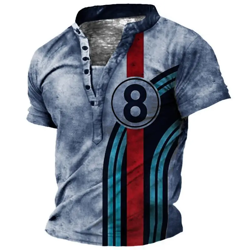 Summer New Fashion Men's Muscle Six Button V-neck Short Sleeves Map Graphic 3D Printed Cool Tops Retro Streetwear