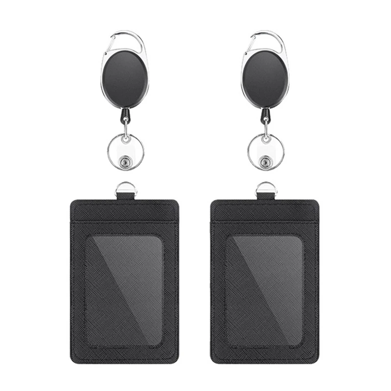 

2 X Badge Holders And Heavy Duty Retractable Reel Clips Set,Vertical PU Leather Badge Holders Clear ID Window Card Slots