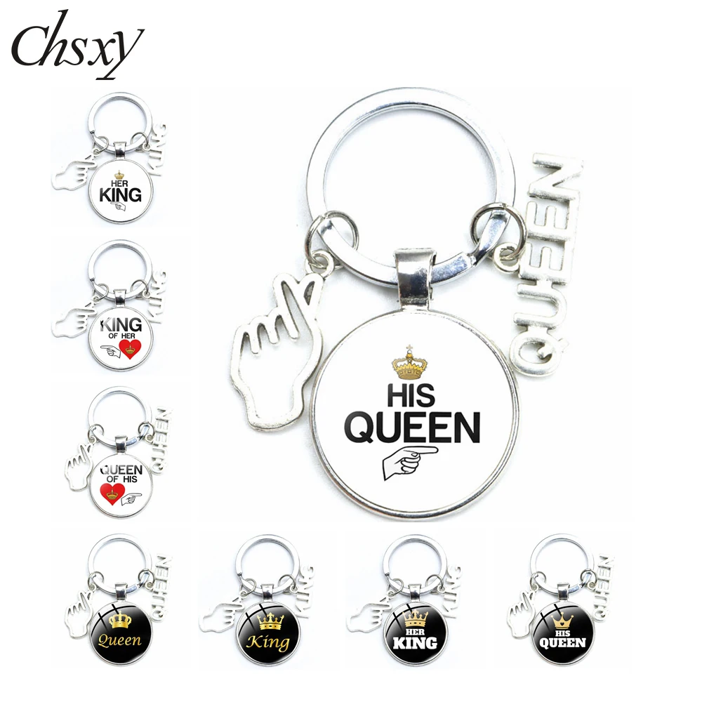 

New Arrivals Her King His Queen Keychain Pendant Couple Handmade Glass Cabochon Alloy Key Ring Valentine's Day Gifts Jewelry