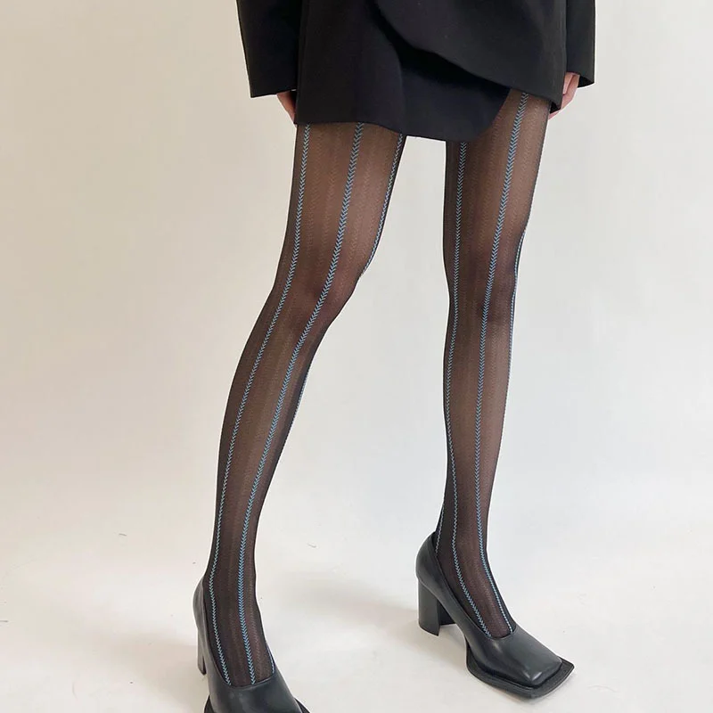

Women Retro Stockings Sexy Blue Green Pantyhose Japanese Lolita Vertical Striped Wheat Grain Ultra-thin Cosplay Designer Tights