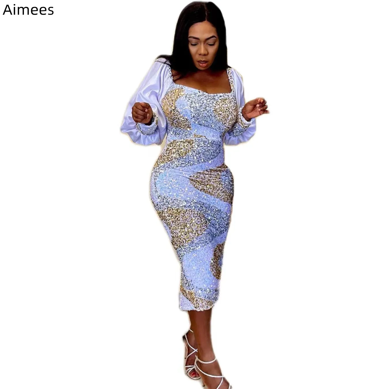 

Sparkle Sequins Women Party Dress Chritmas Clothes Puff Sleeves Patchwork Square Neck Fashion Club Birthday Dresses Ladies