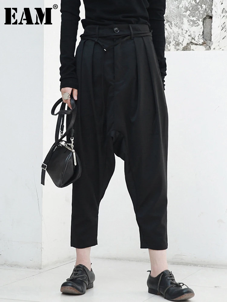 

[EAM] Новинка 2022 года; Сезон весна; Черные свободные брюки с высокой талией и разрезом; Модные женские брюки; JG915