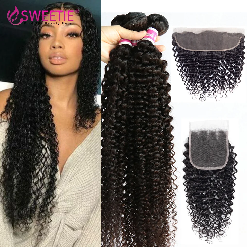 Brazilian Kinky Curly Remy Hair 30Inch Human Hair Bundles With Closure 13X4 Ear To Ear Lace Frontal Closure With Bundles