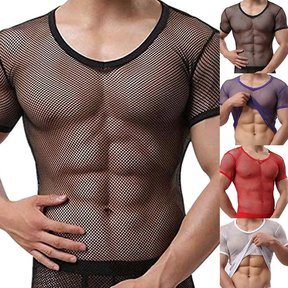 

Sexy Men Mesh See Through T-Shirt Fishnet Hollow Clubwear Streetwear Perform Male Short Sleeve Top Undershirt Top Tee