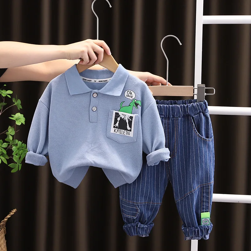 

Spring Autumn Baby clothes Set Toddler Boy Cartoon pocket dinosaurs long sleeve hoodies+Striped jeans 2pcs kids bebes outfits