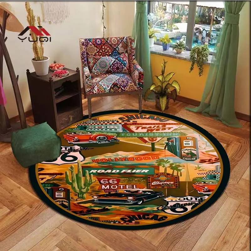 

Route66 Pattern Flannel Anti-Slip Round Rug for Bedroom Round Carpets for Living Room Washroom Floor Mat 5 Sizes