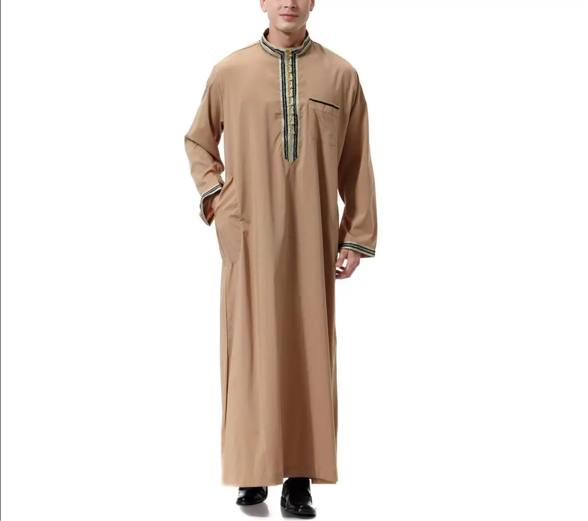 

Men Arabic Long Sleeve Embroidery Decal Stand Collar Kaftan Robe Men Abaya Muslim Men Muslim Kaftan New