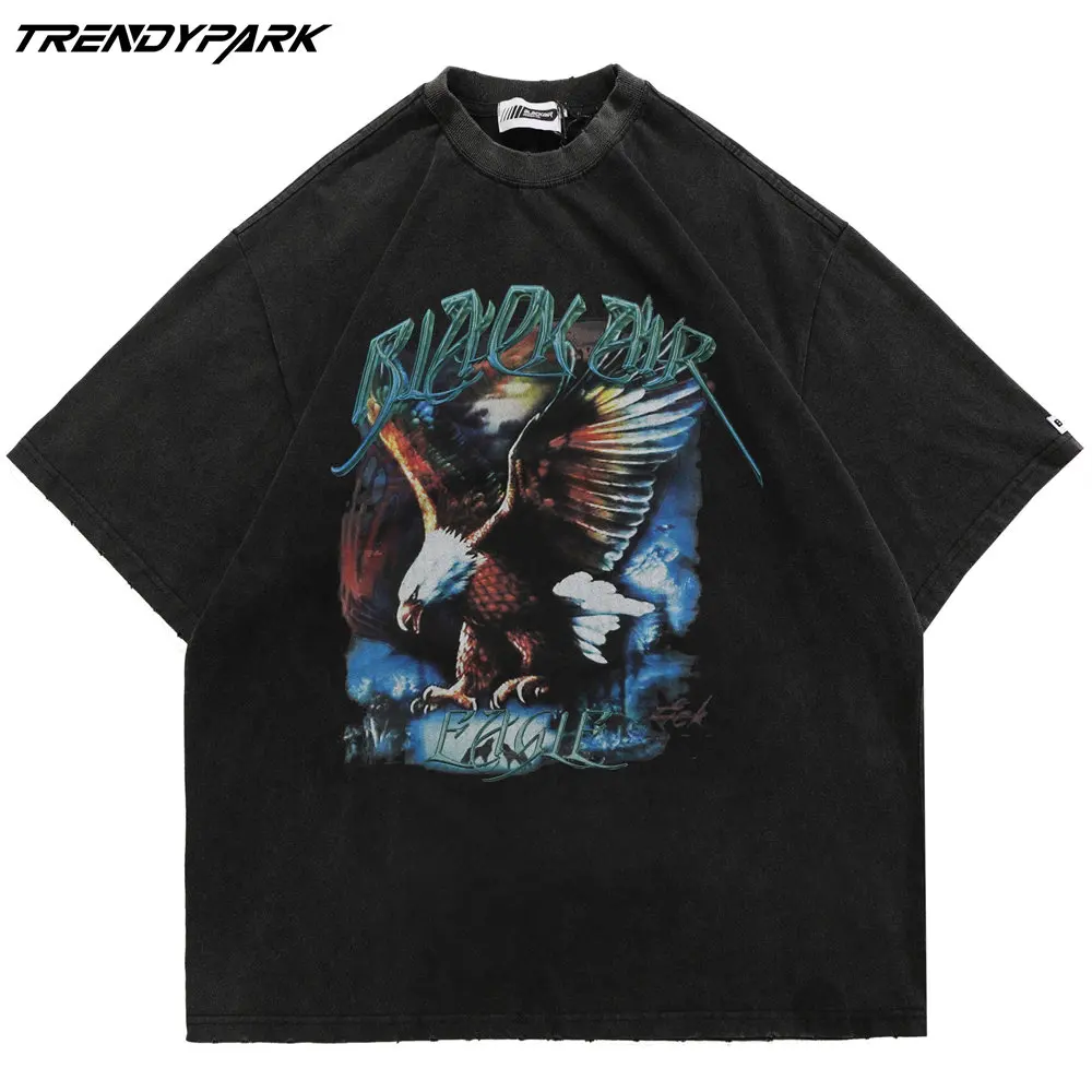 

Oversized T-shirt Vintage Goth Punk Style Eagle Print Washed O-neck Cotton Tops Harajuku Streetwear Casual Short Sleeve T-shirts