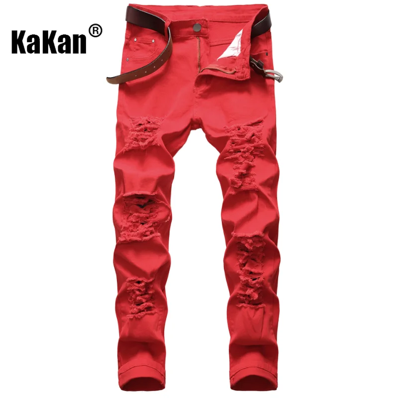 Kakan - European and American New Big Hole Straight Fit Jeans for Men, High Street Trend Stretch Long Jeans K59-111