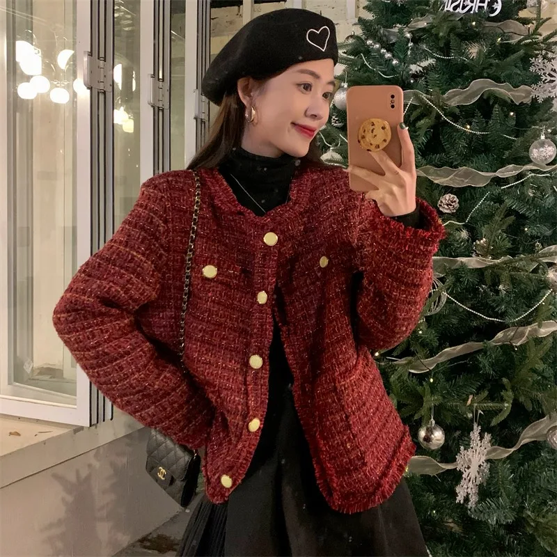 

ZCSMLL Christmas Red Jacket Women 2023 Autumn Winter Round Collar Long Sleeve Solid Color Vintage Fashion Women Coat