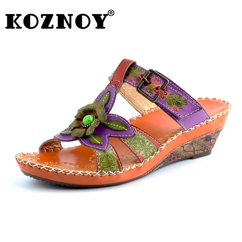 

Koznoy 5.5cm New Print Genuine Leather Ethnic Luxury Slippers Flats Leisure Big Size Hook Multicolor Women Platform Summer Shoes