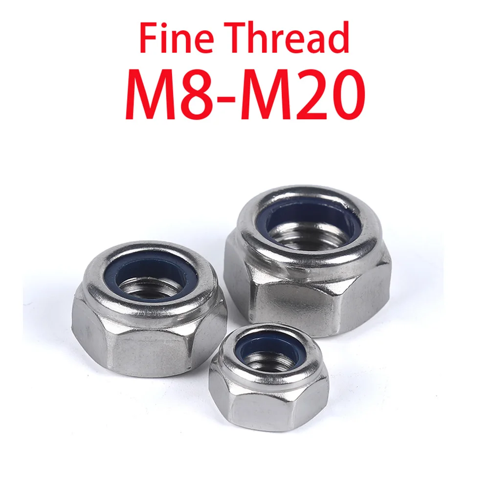 

304 фиксирующие гайки из нержавеющей стали с тонкой резьбой, шестигранная, нейлоновая вставка, фиксирующие гайки M8 M10 M12 M14 M16 M18 M20, мелкие зубья, шестигранная самоблокирующаяся нейлоновая фиксирующая гайка