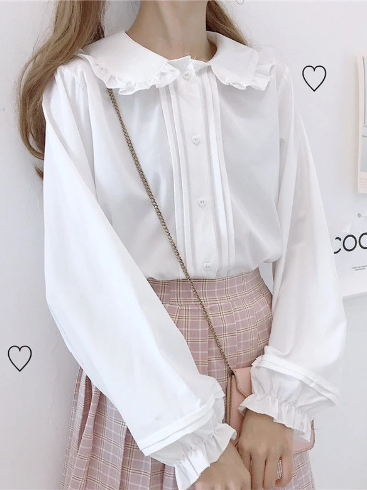 

HOUZHOU Lolita Shirt Kawaii Women White Long Sleeve Blouses Peter Pan Collar Ruffles Autumn Flare Sleeve Sweet Cute Female Tops