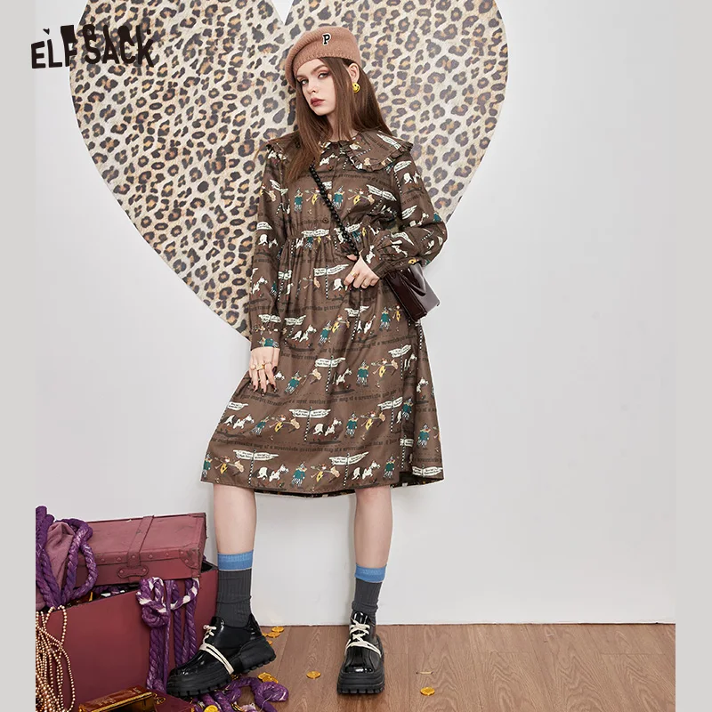 

ELFSACK Brown Printed Vintage Peter pan Collar Dresses Women 2022 Autumn Nipped Waist Dress