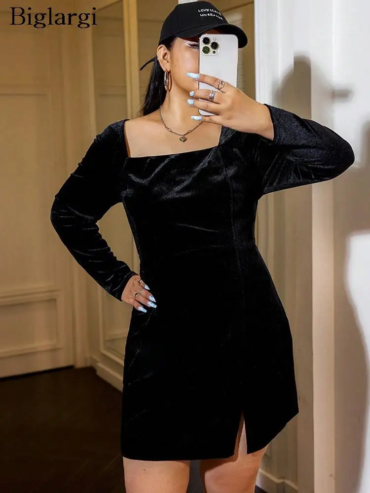 

Осеннее квадратное бархатное мини-платье большого размера, женские модные сексуальные облегающие платья с открытой спиной и разрезом, женское платье с длинным рукавом, 2023