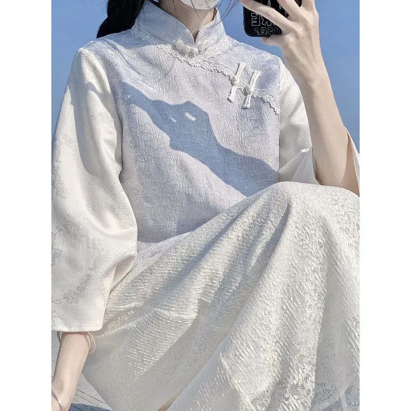 Осенний китайский стиль синий топ с вышивкой и большим рукавом белая кружевная