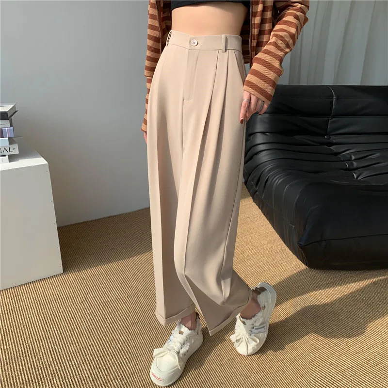 Women Solid Suits Pants Spring High Waist Ankle-Length Wide Leg Pants Y2K Loose Straight Trousers Female Pantalones Mujeres 8031